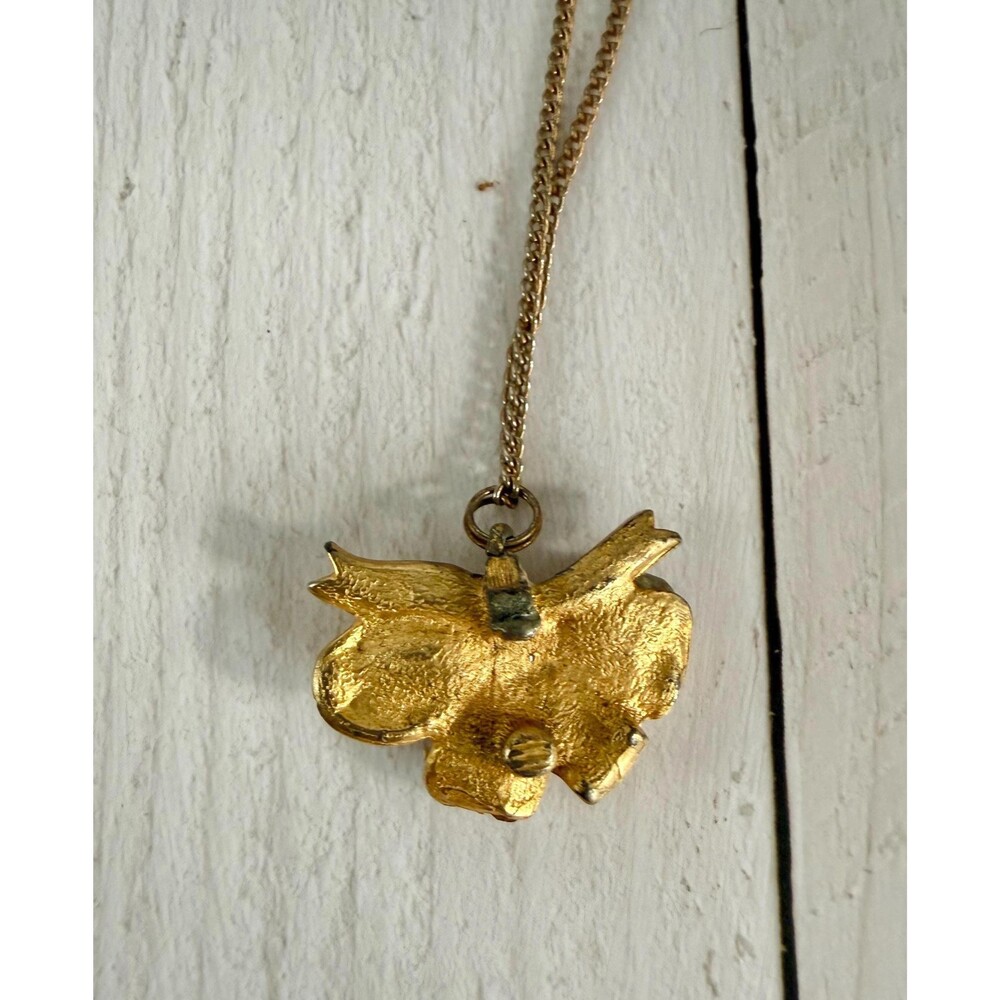 Vintage 1950s Gold Tone Bow Pendant Necklace Opal Rhinestone Retro 18 Inch Chain - Picture 4 of 6